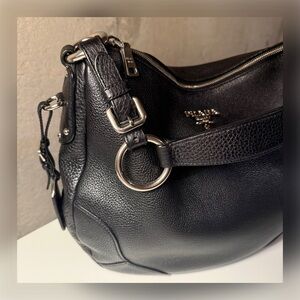 PRADA Vitello Daino Hobo in Black Leather with Silver Hardware